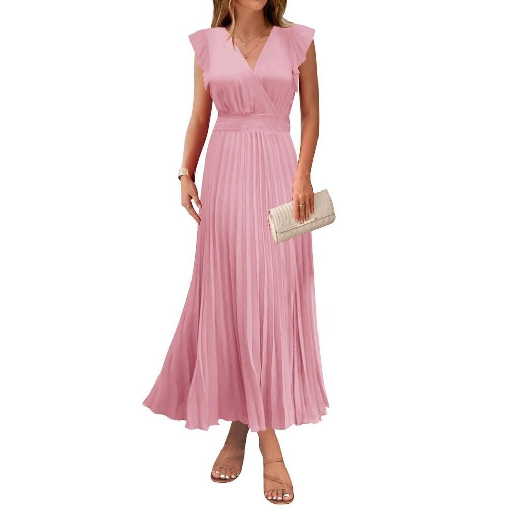 KIRUNDO Medium Maxi Dress Elegant V Neck Ruffle Flutter Sleeve Empire Waist Pink